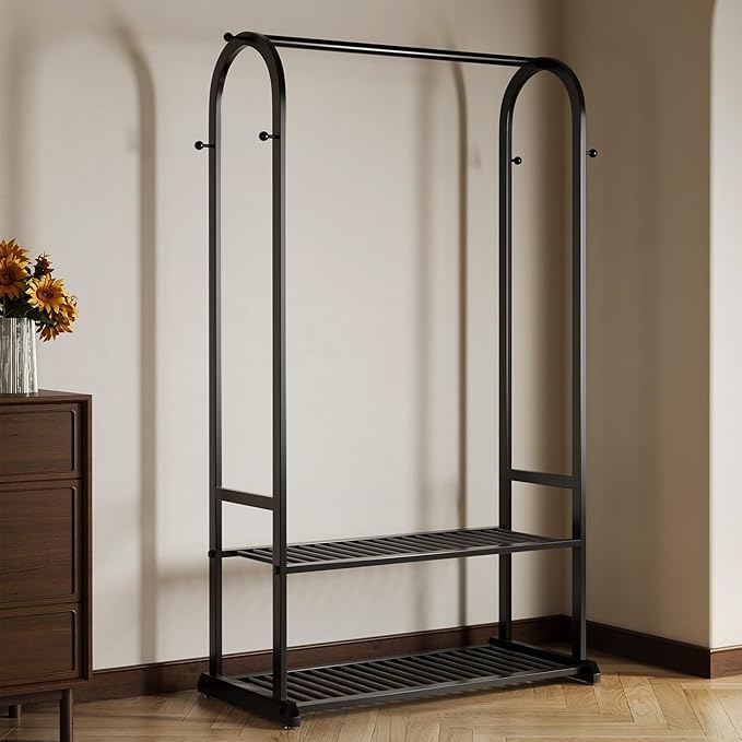 Sturdy heavy duty clothes rack,Black clothing rack with bottom shelves and 6 side hooks,Metal garment rack for hanging clothes,Wardrobe rack for Bedroom