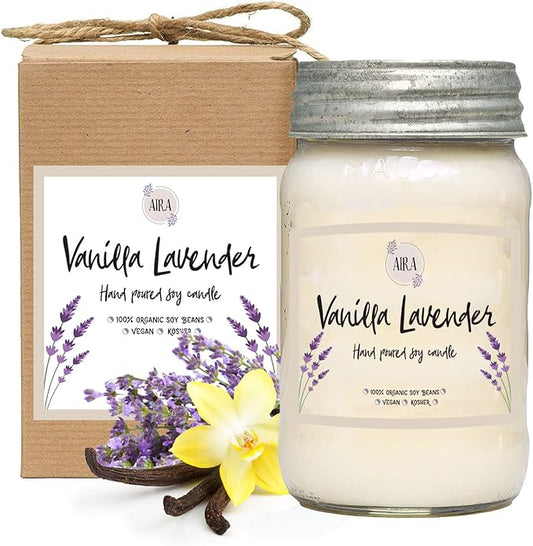 Aira Soy Candles - Organic, Kosher, Vegan, in Mason Jar w/Therapeutic Grade Essential Oil Blends - Hand-Poured 100% Soy Candle Wax - Paraffin Free, Burns 110+ Hours -Vanilla Lavender Scent -16 Ounces