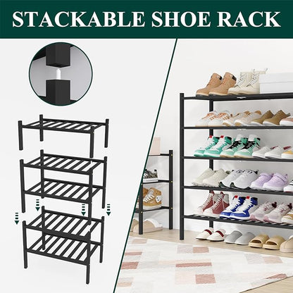 Smiry Shoe Rack, 6 Tier Long Bamboo Shoe Organizer, Stackable Free Standing Wooden Shoe Storage Shelf for Closet, Entryway, Front Door Entrance, Black