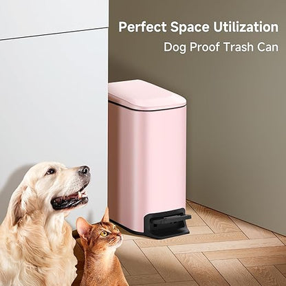 TIPGO Slim Bathroom Trash Can with Lid Soft Close, 6 Liter / 1.6 Gallon Stainless Steel Garbage with Removable Inner Bucket, Small Trash Bins for Bedroom, Office (Pink)