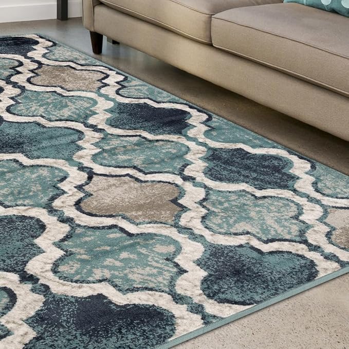 Superior Indoor Area Rug, Jute Backing, Modern Plush Rugs for Hallway, Living, Dining Room, Office, Kitchen, Geometric Trellis Floor Decor, Viking Collection, 8' 6" x 11' 6", Deep Royal