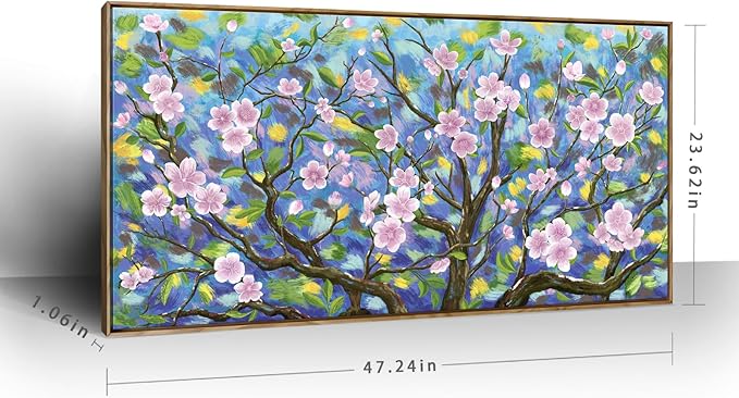 ARTZON Large Framed Canvas Wall Art Pink Green Tree Flower Artwork Plum Blossom Botanical Aesthetic Gallery-wrapped Nature Picture for Living Room Above Bed Women Girly Bedroom Hallway Decor 48"x24"
