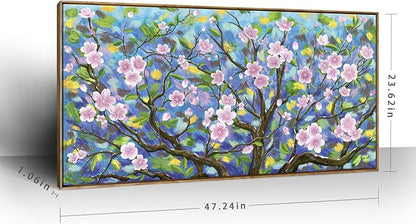 ARTZON Large Framed Canvas Wall Art Pink Green Tree Flower Artwork Plum Blossom Botanical Aesthetic Gallery-wrapped Nature Picture for Living Room Above Bed Women Girly Bedroom Hallway Decor 48"x24"