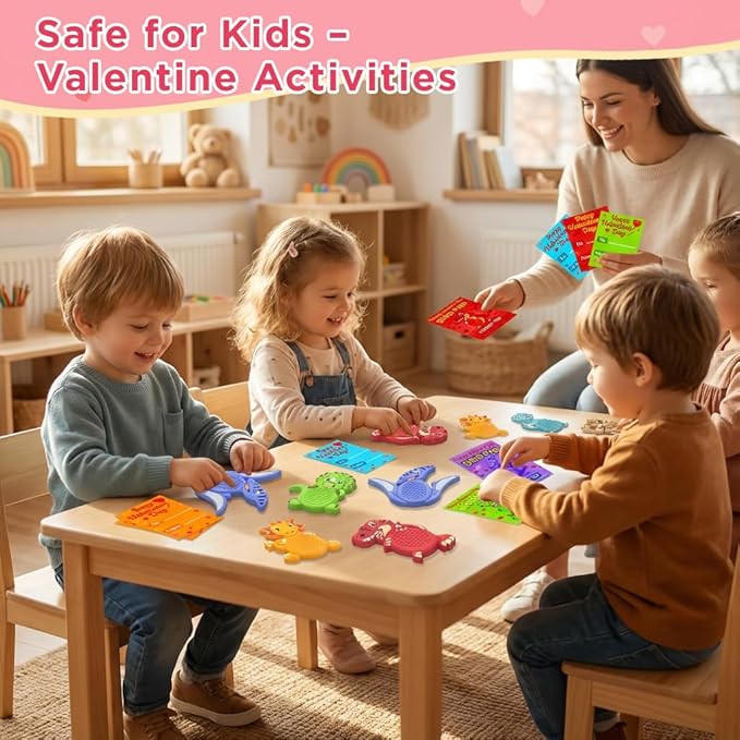 24Pack Valentine's Day Gifts for Kids School Classroom, Valentines Day Cards for Kids School Classroom, Valentine's Day Dinosaur Sensory Stone for Autistic Kid, Valentine Party Favors for Boy Girls