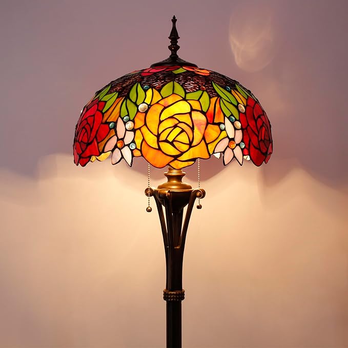 Tiffany Floor Lamp Red Yellow Rose Stained Glass Standing Reading Light 16X16X70 Inches Antique Pole Corner Lamp Decor Bedroom Office Living Room