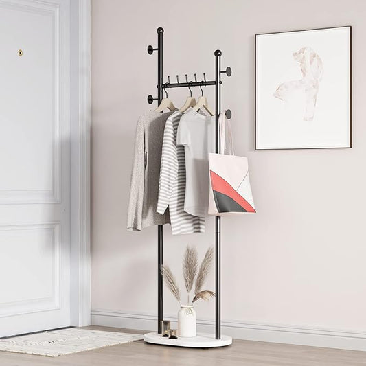 Black Clothing Rack With Shelves, Modern Coat Rack Freestanding with Marble Base, Hat Tree Coat Rack Standing Clothes Racks for Boutique，Bedroom