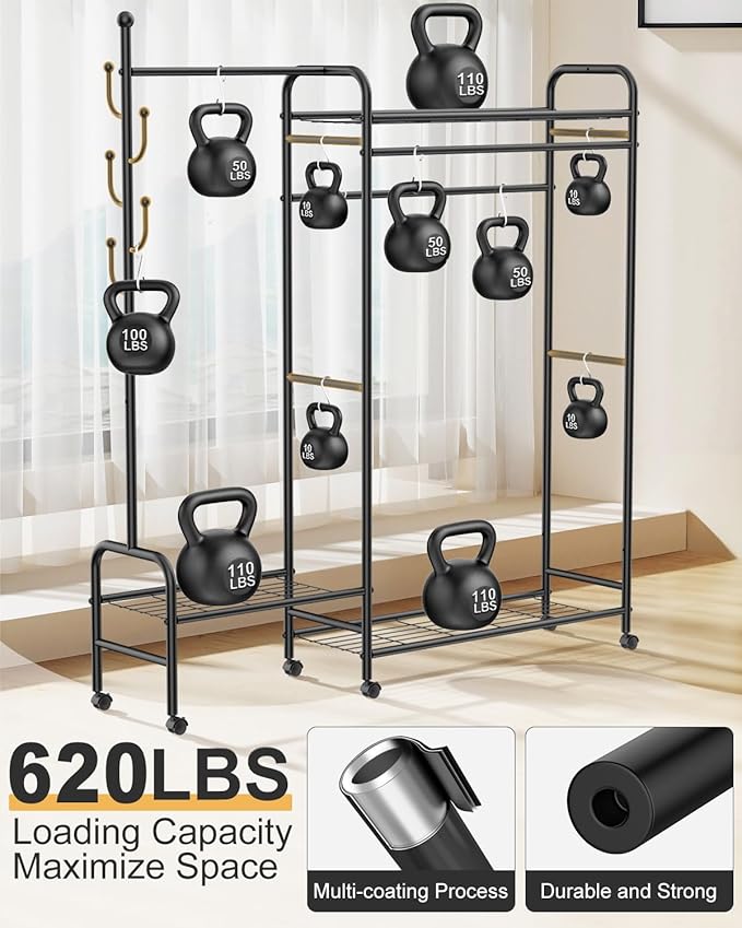 10-in-1 Clothes Rack, Multi-Function Garment Rack with 3 Tier Shelves, 3 Hanging Rod, 4 Handy Hook, Heavy Duty Clothing Rack Up to 620 LBS, Metal Wardrobe Closet for Bedroom, Laundry, Balcony,Black