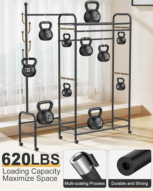 10-in-1 Clothes Rack, Multi-Function Garment Rack with 3 Tier Shelves, 3 Hanging Rod, 4 Handy Hook, Heavy Duty Clothing Rack Up to 620 LBS, Metal Wardrobe Closet for Bedroom, Laundry, Balcony,Black