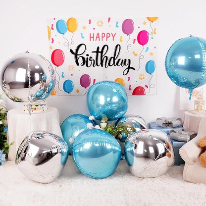 6Pcs Blue Silver Round Foil Balloons, 22inch 4D Metallic Silver Blue Balloons, Large Round Foil Ball Balloon for Boys Men Birthday Graduation Wedding Anniversary Party Backdrop Decoration