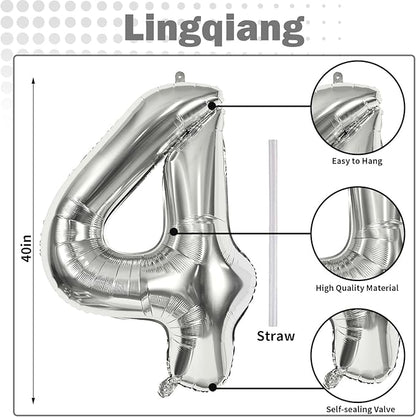 Silver Number Balloons, 40inch Large Number 4 Foil Helium Balloons for Girls Women, Self Inflating Number Balloons 0-9 for Men Boys 4th 14th 40th Birthday Anniversary Party Celebration Decoration