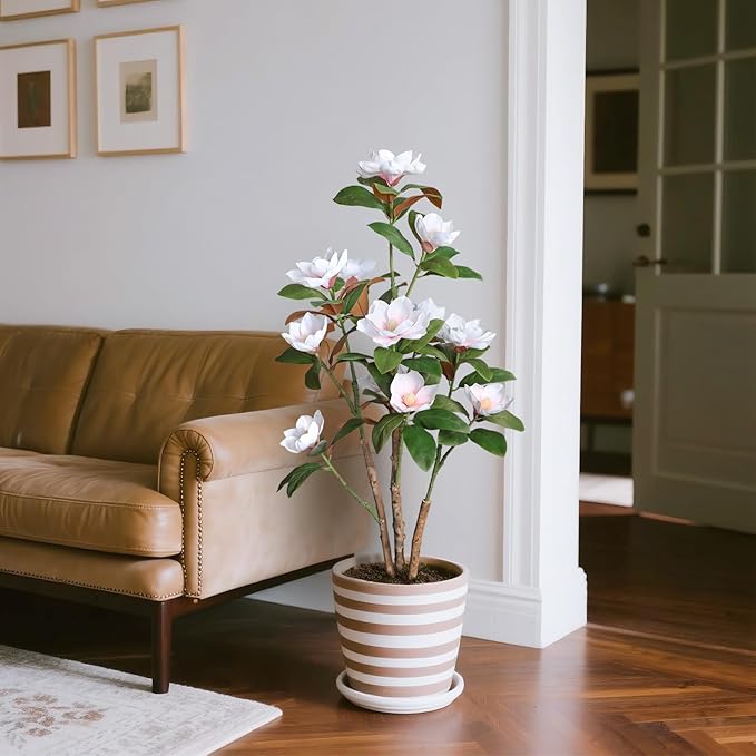 Artificial Magnolia Tree, 4FT Faux Potted Plant, 48 Inch Fake Magnolia Tree with Realistic Flowers Leaves and Adjustable Branches