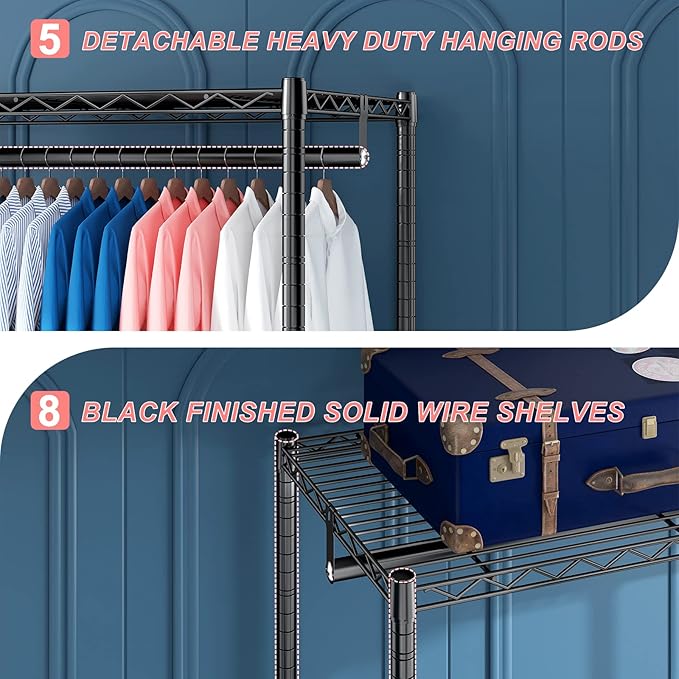 Raybee Clothes Rack for Hanging Clothes,Clothing Rack with Shelves,Portable Closet,for Apartment,Bedroom,Metal, Adjustable,Max Load 900lbs,Black