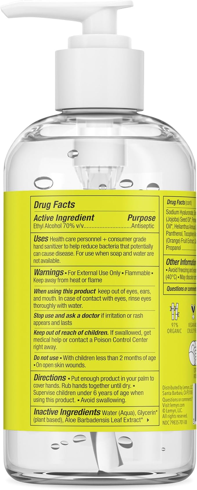 Medical Grade Hand Sanitizer Gel - 97% ORGANIC - 8 FL.OZ. with PUMP (PACK OF 6)