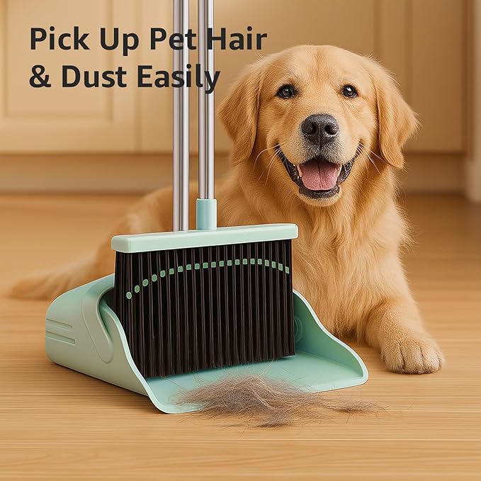 Broom and Dustpan Set – Heavy-Duty Broom and Dustpan for Home Cleaning Tool, Dustpan and Broom with Handle, Outdoor Broom and Dustpan Set • Your Home Essentials (Green)