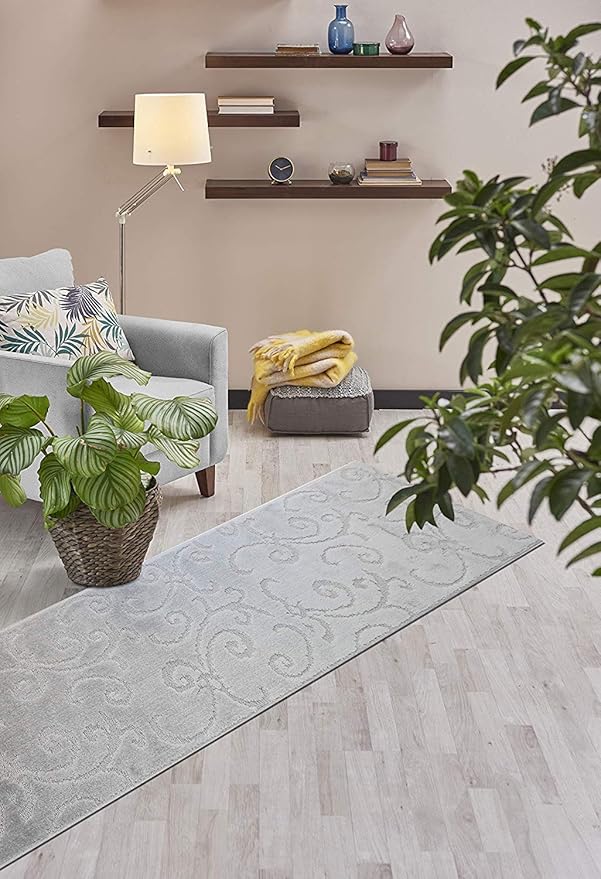 20 Ft Extra Long Non-Slip Washable Carpet Runner Rug with Rubber Backing, Custom Floor Mat for Kitchen Hallway Stairs Bedroom Bathroom Entry, Scroll Light Silver, Your Choice of Length, (26" X 20')
