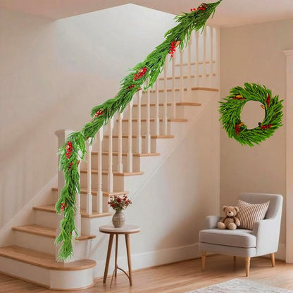 Norfolk Pine Garland and Norfolk Pine Wreath, Artificial Greenery Garland for Table, Mantle, Wall, Fireplace, Staircase-Indoor Outdoor Christmas Decorations, Wedding, Home Decor