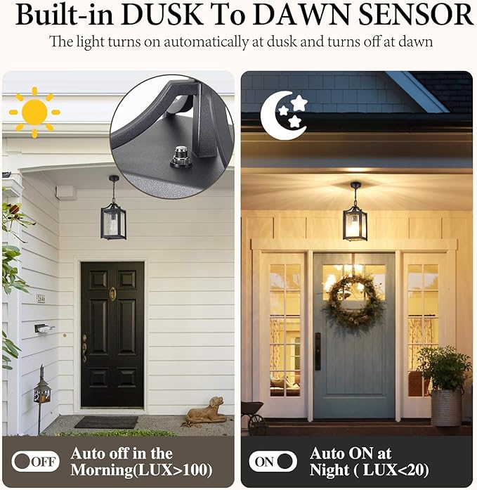 Outdoor Pendant Lights, Dusk to Dawn Modern Outdoor Porch Chandelier Lantern with Sensor, Black Exterior Hanging Porch Light with Raindrop Glass, Adjustable Long Chain, OS-KY1003