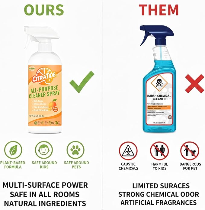 All-Purpose Cleaner Spray – Plant-Based Citrus Formula – Cleans Kitchens, Bathrooms & Hard Surfaces – CITRATIDE – USA Made, Non-Toxic (32 fl oz)