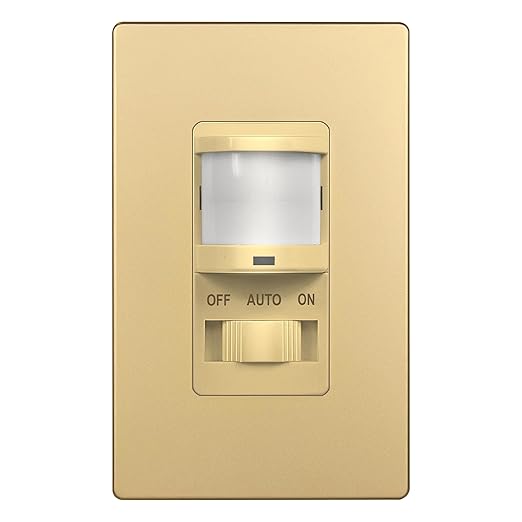 TOPGREENER in Wall PIR Motion Sensor Light Switch, Occupancy Sensor Switch, Neutral Wire Required, On/Off Override, Single Pole, 4A, 500W, Wall Plate Included, TSOS5-GDSWP, Gold