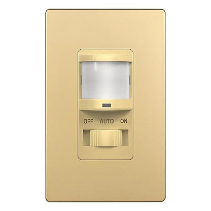 TOPGREENER in Wall PIR Motion Sensor Light Switch, Occupancy Sensor Switch, Neutral Wire Required, On/Off Override, Single Pole, 4A, 500W, Wall Plate Included, TSOS5-GDSWP, Gold