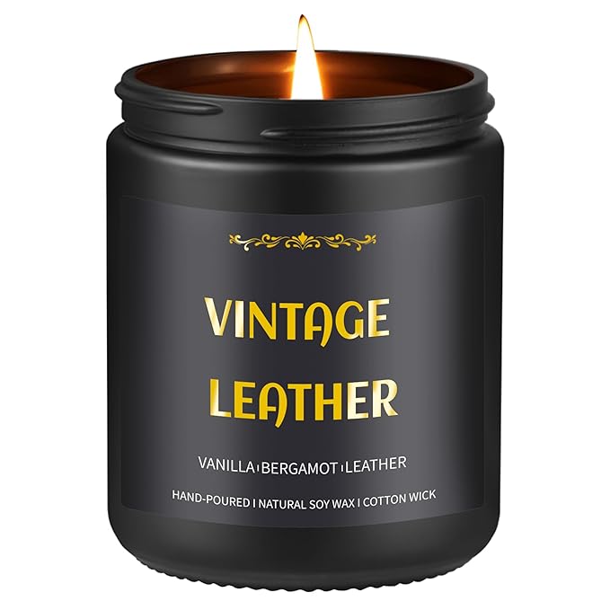 Vintage Leather Candle, 7 oz Scented Candle for Men, Soy Candles for Home Scented, Masculine Jar Candle for Him, 50 Hours Burning Time Mens Candle Gift for Boyfriend, Father, Birthday Present Giving