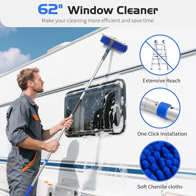Ordenado 62" Window Squeegee Cleaning Kit, 2 in 1 Window Cleaner Tool with Long Handle, Rotatable High Windows Washing Kit for Home & Outdoor, Detachable Washer Tool Squeegee for Shower Glass, Car