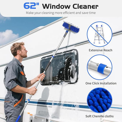 Ordenado 62" Window Squeegee Cleaning Kit, 2 in 1 Window Cleaner Tool with Long Handle, Rotatable High Windows Washing Kit for Home & Outdoor, Detachable Washer Tool Squeegee for Shower Glass, Car