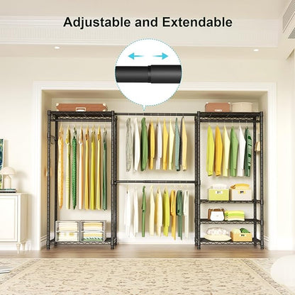 Ulif E1 Heavy Duty Closet Garment Rack, 6 Tiers Adjustable Metal Freestanding Expandable Clothing Storage with 4 Hanger Rods, Easy to Assemble Wardrobe, 71.4" H x (70" - 88.2") L x 14" D, Black