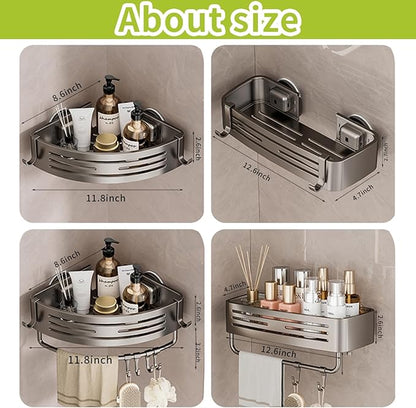 Shower Caddy Suction Cup, No Drilling Rustproof Bathroom Shower Shelf,Corner Shower Shelves with 6 Portable Hooks, Removable Bath Organizer with Towel Bar for Bathroom Hanging Storage(Gray)