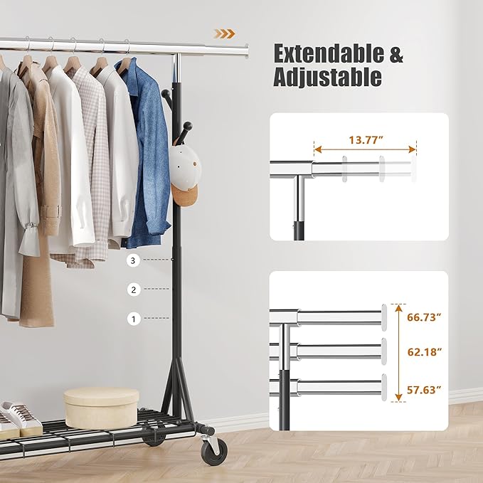 Heavy Duty Clothes Rack Load 530 LBS Metal Garment Clothing Rack Hang 200 pieces of clothing on Wheels Collapsible Rolling Portable & Adjustable with Hook for Hanging Clothes Black