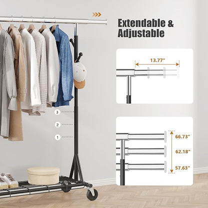 Heavy Duty Clothes Rack Load 530 LBS Metal Garment Clothing Rack Hang 200 pieces of clothing on Wheels Collapsible Rolling Portable & Adjustable with Hook for Hanging Clothes Black