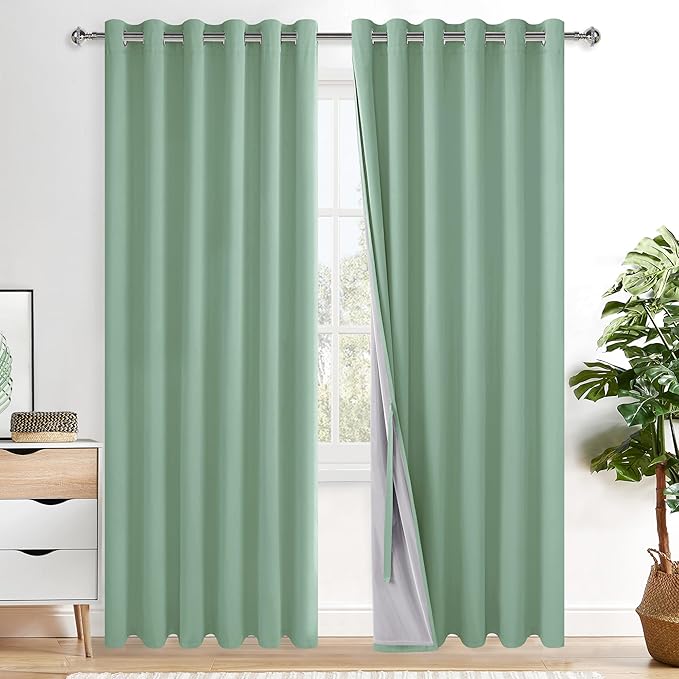 XWZO 100% Blackout Curtain 84 Inches Length 2 Panels Set - Extra Wide Thermal Insulated, Noise Reducing & Heat Blocking Drapes for Bedroom with Tiebacks, Light Sage, W70 x L84, 2 Pieces