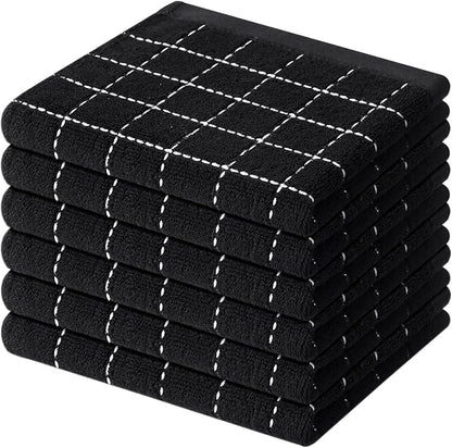 Mordimy 100% Cotton Terry Cloth Dish Cloths, Soft and Absorbent Checkered Dish Towels, Quick Drying Dish Rags for Washing Dishes, 6 Pack, 12 x 12 Inches, Black