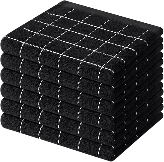 Mordimy 100% Cotton Terry Cloth Dish Cloths, Soft and Absorbent Checkered Dish Towels, Quick Drying Dish Rags for Washing Dishes, 6 Pack, 12 x 12 Inches, Black