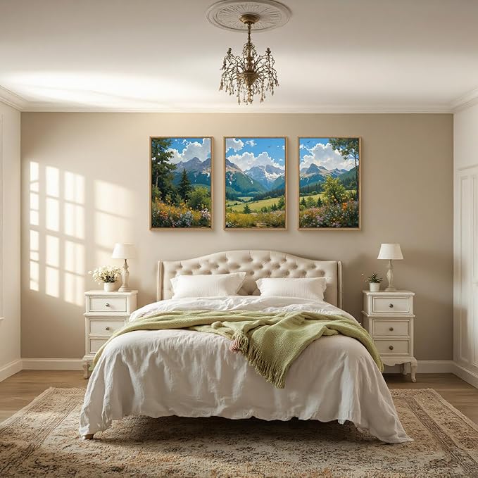 HLNIUC Green Forest Mountain Landscape 3 Piece Wall Art Framed, Colorful Wildflower Nature Wall Decor(16x24), Blue Sky White Cloud Canvas Painting, Woodland Tree Print for Living Room, Bedroom, Office