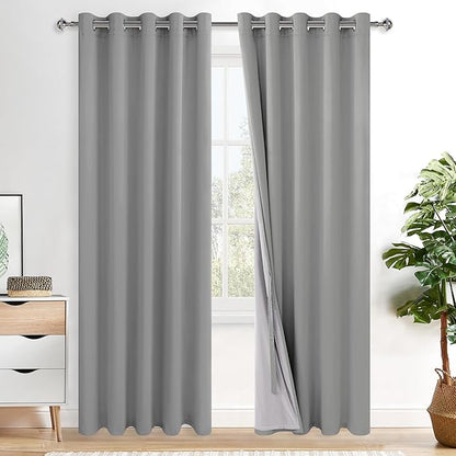 XWZO 100% Blackout Curtains - Heat and Full Light Blocking Drapes with Black Liner for Bedroom/Laundry Room, Grommet Top Window Panels with Tiebacks, Light Grey, W60 x 84, Set of 2