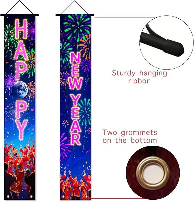Nuxovilar Happy New Year Banner, 70.86" x 11.81" Pink Purple Fireworks Hanging Decorations for Outdoor Indoor Home Wall