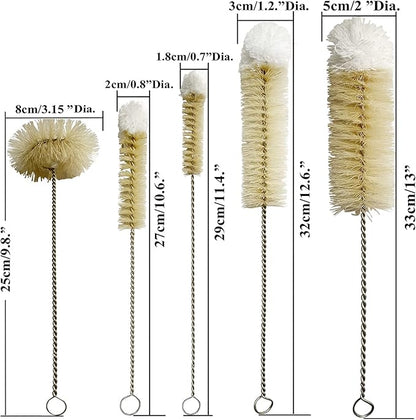 NewFerU Stainless Steel Soda Bottle Cleaning Brush Set in Natural Boar Bristle Wool Tip Long Handle, Flexible Bendable Thick Wire Cleaner for Narrow Neck Water Baby Bottles Straw Pipe Tube Flask (5)