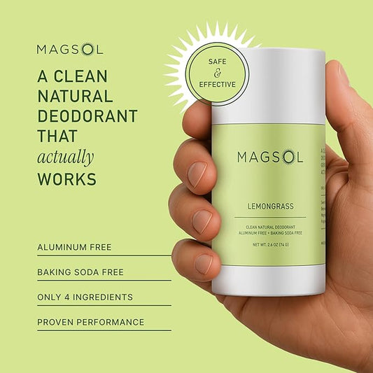 MAGSOL Magnesium Deodorant for Men, Aluminum Free, Baking Soda Free Natural Deodorant for Sensitive Skin, Long Lasting Odor Protection with Sweet Almond Oil, Lemongrass 2.6 oz