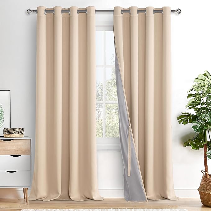XWZO 100% Blackout Curtain Panels - Double Layer Full Room Darkening and Energy Efficiency Ring Top Window Panels with Tiebacks for Living Room, Biscotti Beige, W52 x L95, Set of 2 Drape