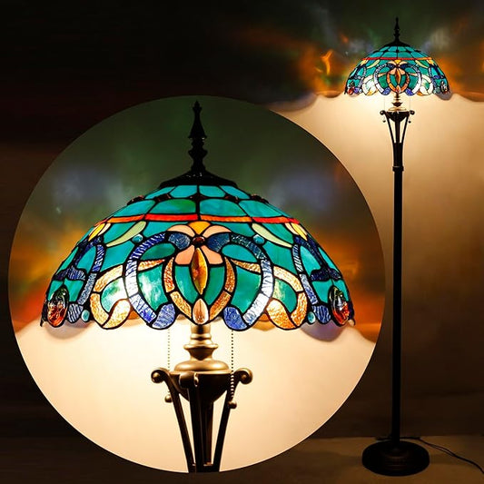 Tiffany Floor Lamp Blue Green Stained Glass Jewelry Baroque Standing Reading Light 16X16X70 Inches Antique Pole Corner Lamp Decor Bedroom Office Living Room