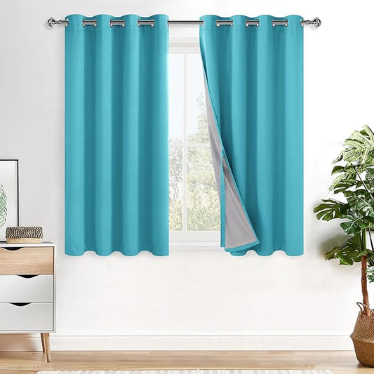XWZO 100% Blackout Curtains with Tiebacks- 2 Thick Layers Completely Shaded Window Treatment Thermal Insulated Lined Drapes with Grommets for Bedroom/Patio Door, Turquoise, W52 x L45, 2 Panels