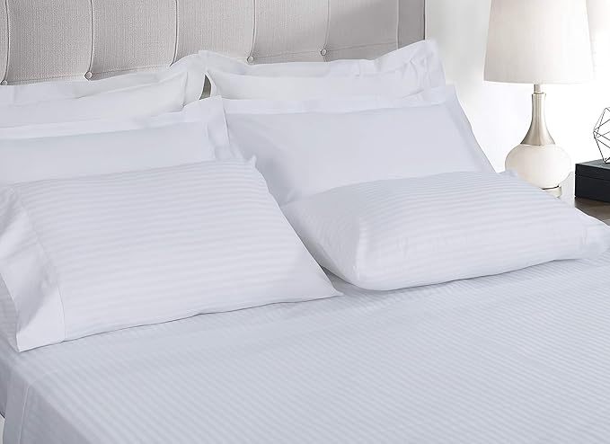 Threadmill 100% Cotton Sheets for Twin Size Bed - 600 Thread Count Twin Bed Sheets Set with 15” Deep Pocket - Damask Stripe Sateen Weave 3-Piece Bedding Set with Cooling Effect, White