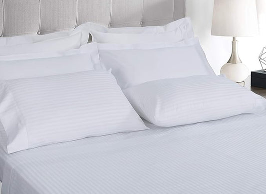 Threadmill 100% Cotton Sheets for Full Size Bed - 600 Thread Count Full Bed Sheets Set with 16” Deep Pocket - Damask Stripe Sateen Weave 4-Piece Bedding Set with Cooling Effect, White