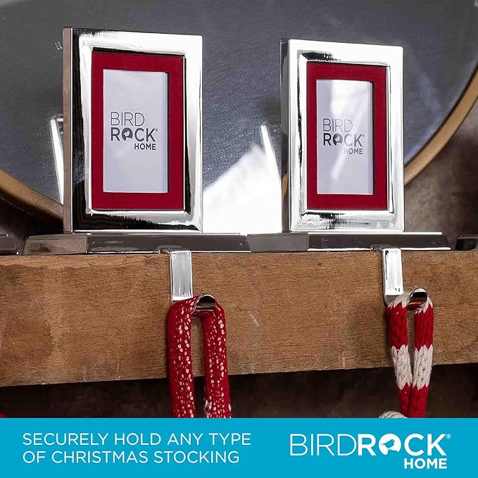 BIRDROCK HOME Photo Frame Stocking Holders - Holiday Greetings Mantle Fireplace Topper - Decorative Christmas Stocking Holder - Stainless Steel (Rectangle - Set of 4)