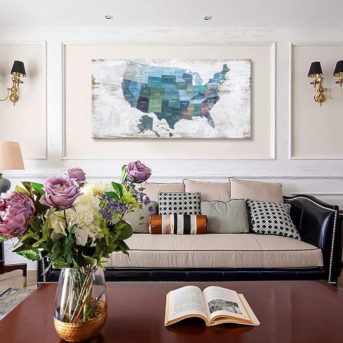 Map of The United States Wall Decor Map Canvas Wall Art for Wall Decoration Wood Background USA Canvas Prints for Bedroom Office Kitchen Home Wall Decor Framed Artwork Ready to Hang30"x60"