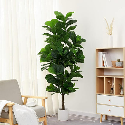 Fiddle Leaf Fig Tree 6ft Tall Artificial Tree in Pot Fake Ficus Lyrata Plants with 184 Decorative Fiddle Leaves Faux Fig Trees for Home Office Living Room Decor Indoor Outdoor, 2 Pack