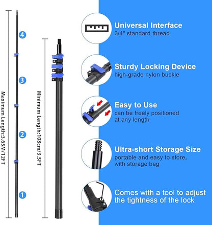 18 Foot High Ceiling Duster Kits with 3.5-12 FT Carbon Fiber Extension Pole, Feather Duster, Cobweb Duster, Ceiling Fan Duster, Window Squeegee & Cleaner with Pole 12 Ft