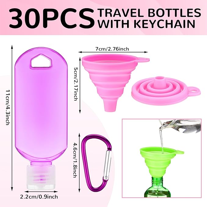 32 Pcs Travel Bottles with Keychain Empty Hand Sanitizer Bottles with Keychain 2oz 60ml Portable Colorful Plastic Leakproof Refillable Containers for Toiletry Home Office Outdoor