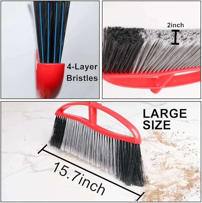 Outdoor Heavy Duty Broom, 15.7" All-Terrain Sweeper Featuring a Wide Angle Broom Design, Long Handle & Powerful Stiff Bristles for Patio, Garden, Garage, Yard (Red)